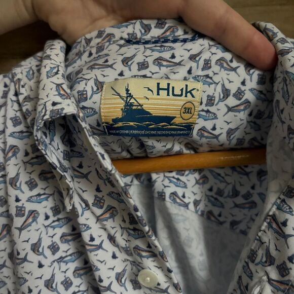 Huk Nautical Deep Sea Fishing Patterned Button Down Shirt Short Sleeve Men's 3XL - Picture 6 of 16